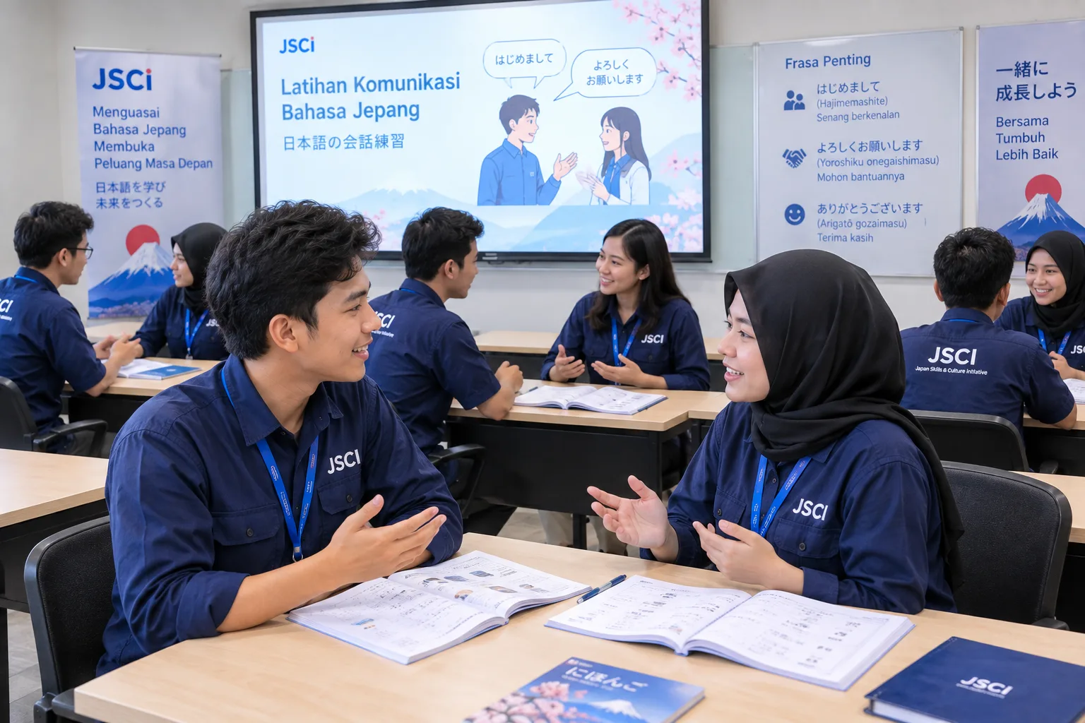 Peserta JSCI melakukan latihan percakapan bahasa Jepang secara berpasangan di dalam kelas.